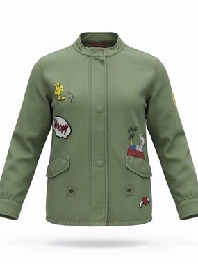 Zara Girls Peanuts Snoopy & Woodstock Green Military Jacket Youth 9/10
